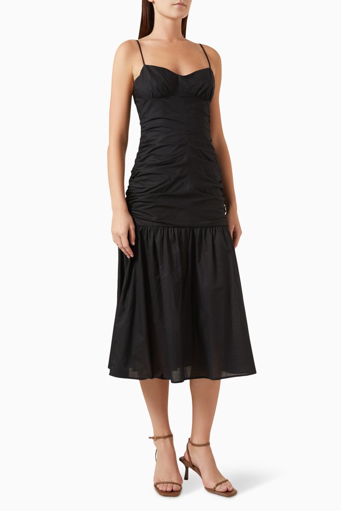 

Ruched Midi Dress in Cotton Batiste, Black