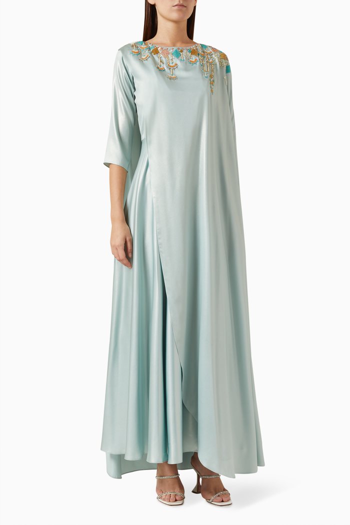 

Bead-embellished Asymmetric Cape Dress in Metallic-crepe, Blue