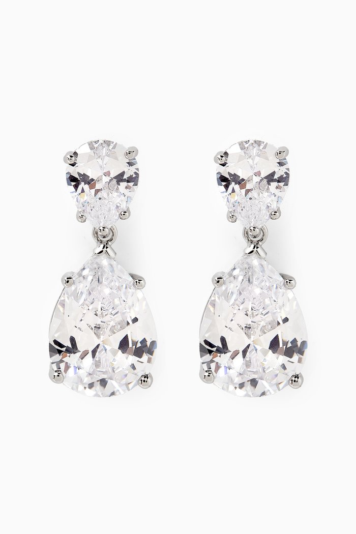 

Double Pear-drop CZ Earrings in Rhodium-plated Brass, Silver