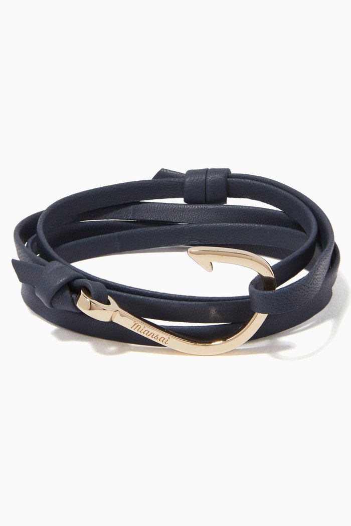 

Navy Leather & Gold Plated Hook Bracelet, Blue