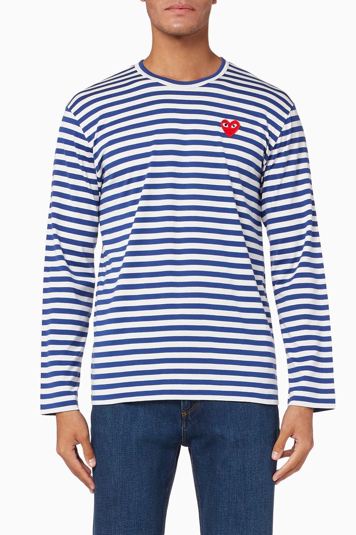 

Striped Logo Appliqué Cotton T-Shirt, Blue