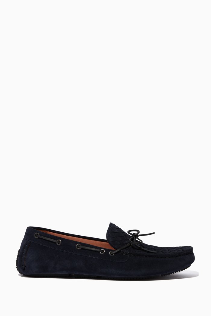 

Navy Intrecciato Suede Moccasins, Blue