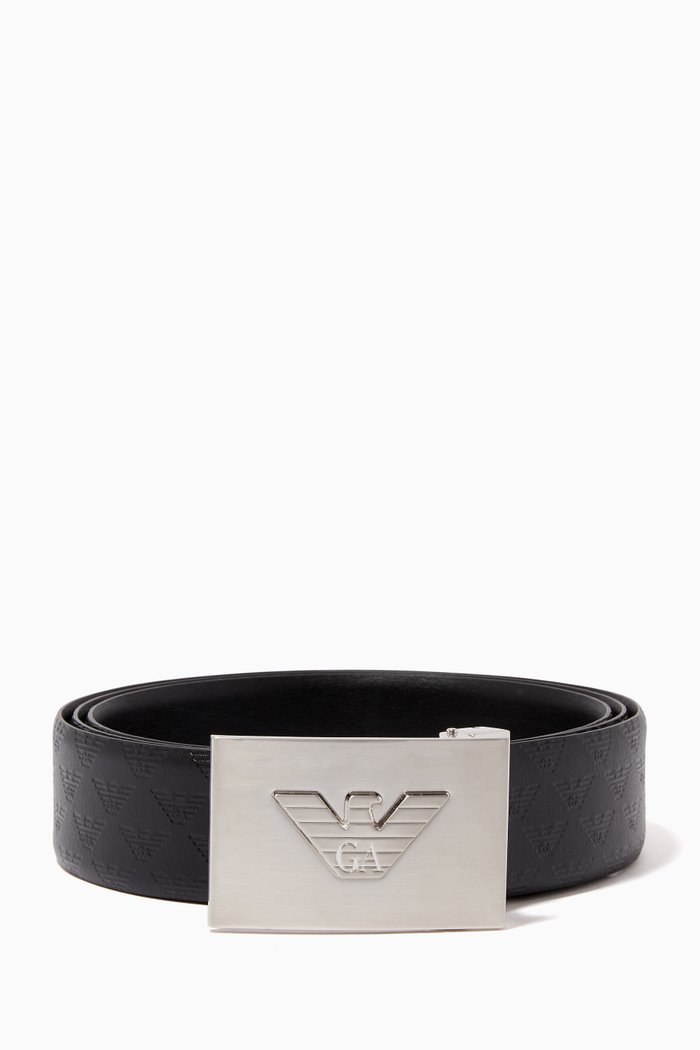 Eagle Plaque Leather Reversible Belt, Black