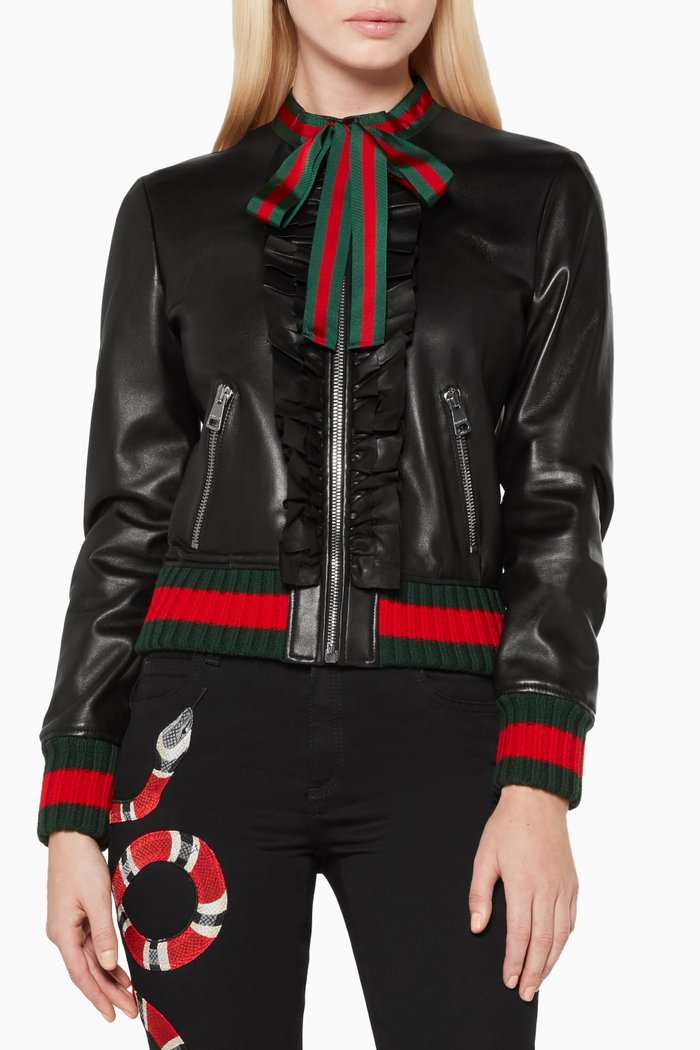 

Black Ruffled Leather Bomber Jacket