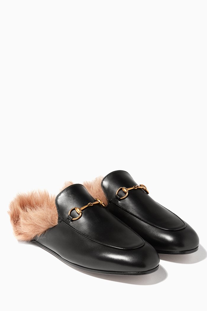 

Black Leather & Lamb-Lined Princetown Loafers, Multicolour
