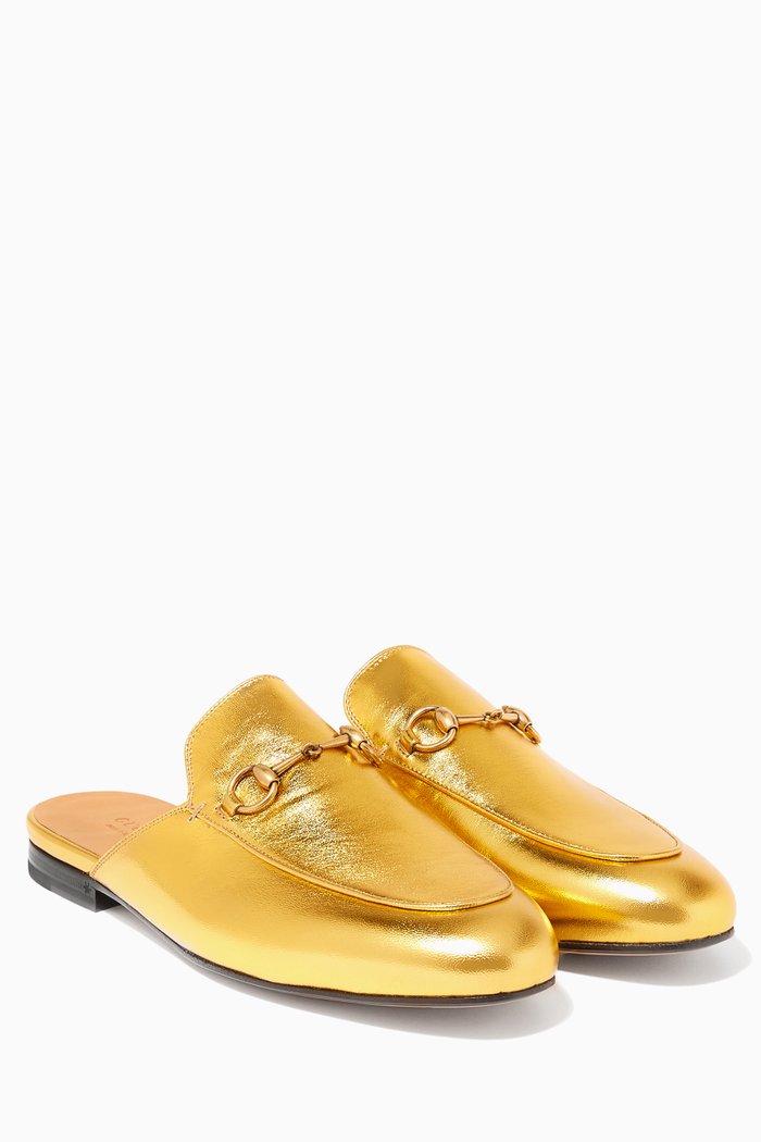 

Metallic Gold Princetown Leather Loafers, Multicolour