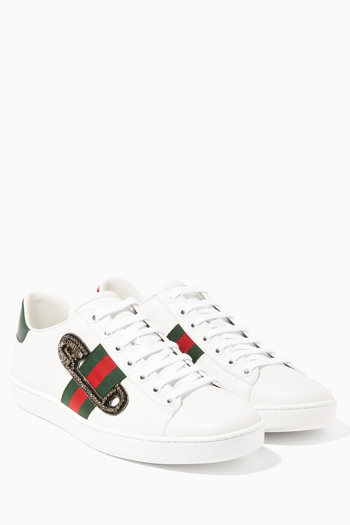 White Ace Embroidered Leather Sneakers, Multicolour