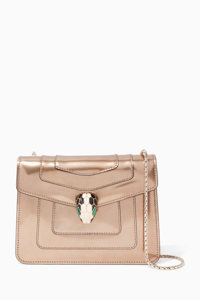 

Antique-Bronze Serpenti Leather Shoulder Bag, Metallic