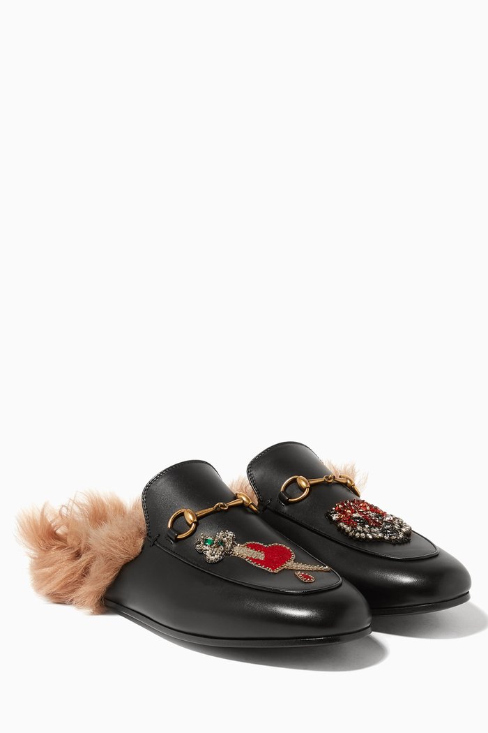 

Black Princetown Heart-Appliquéd Backless Loafers