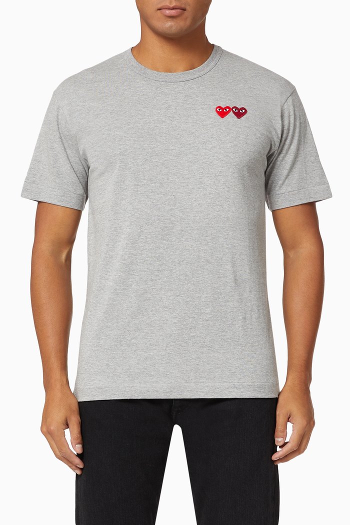 

Double Small Heart-Appliqué Cotton T-shirt, Grey