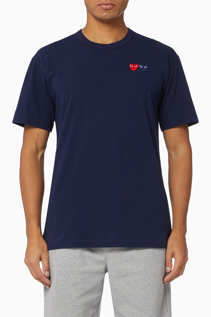 

Double Small Heart-Appliqué Cotton T-shirt, Blue