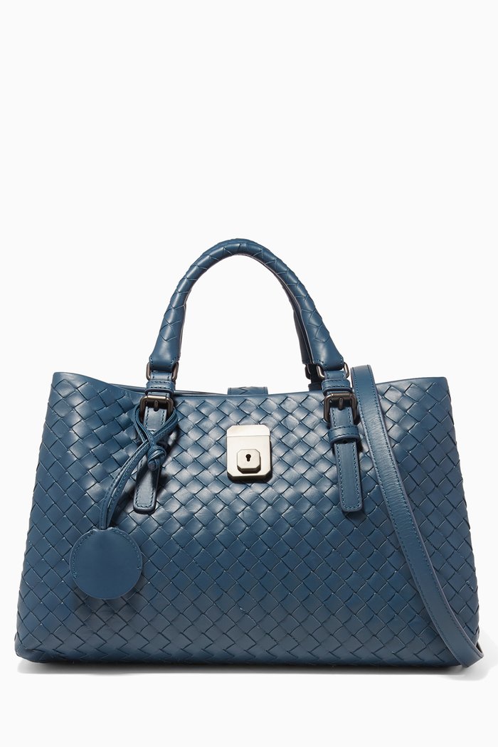 Blue Medium Roma Intrecciato Top Handle Bag