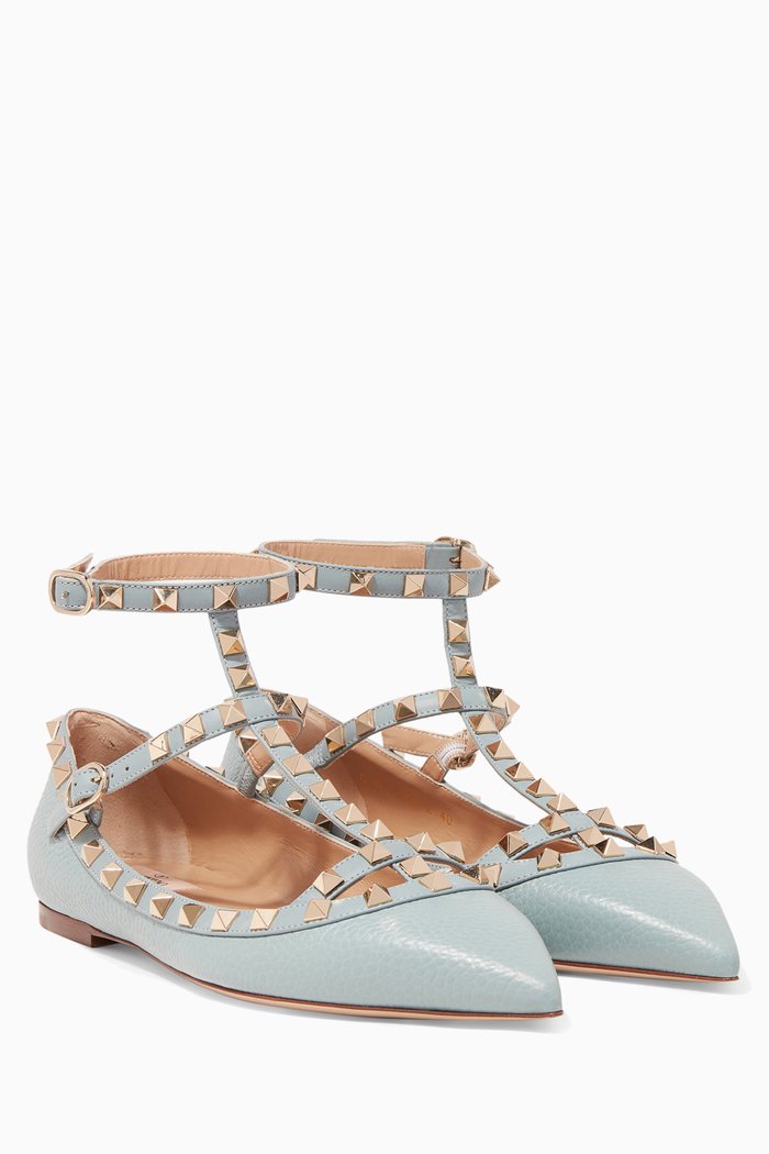 Pastel-Blue Double-Strap Rockstud Textured Ballerinas