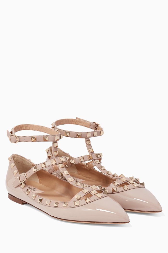 

Poudre Double-Strap Rockstud Patent Ballerinas, Neutral