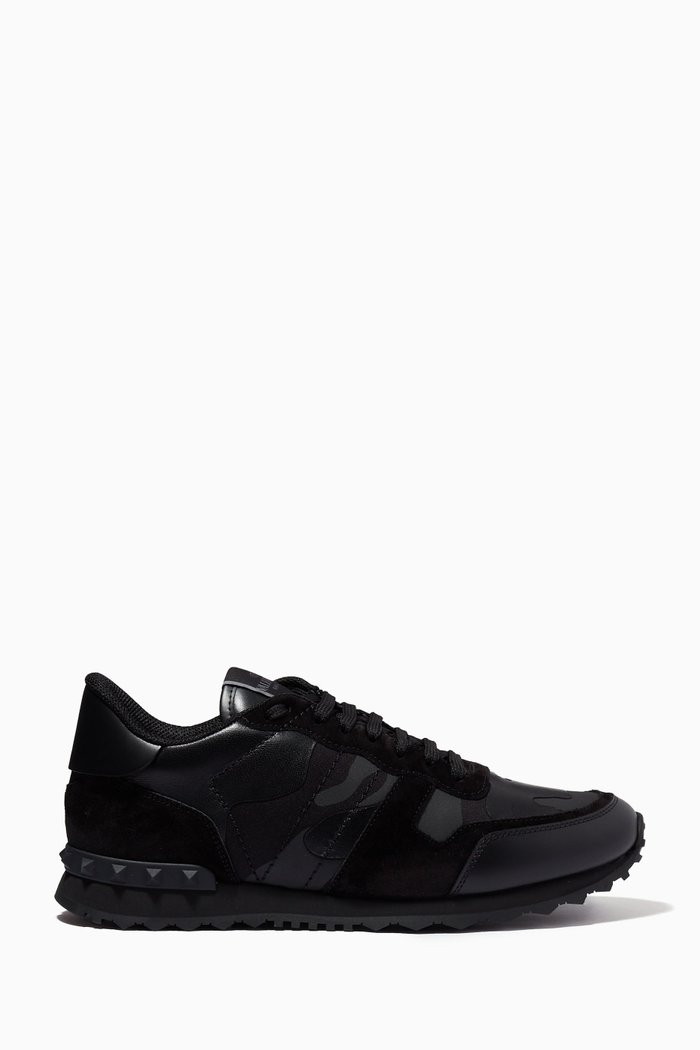 Camouflage Rock Runner Sneakers in Leather & Suede, Black