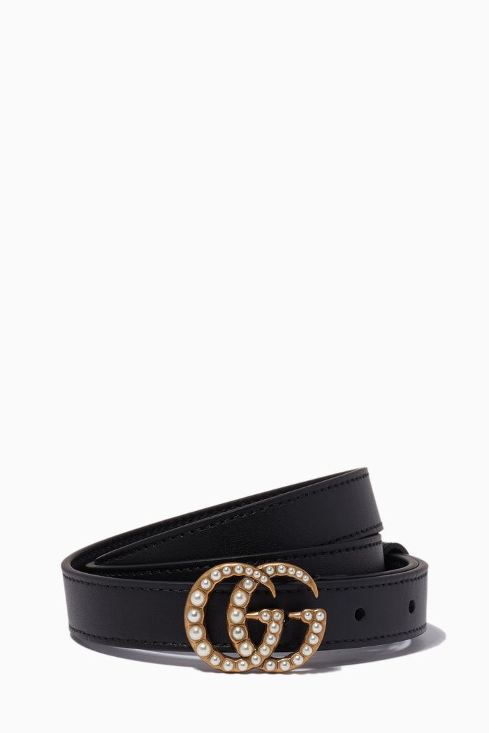

Beige Skinny-Leather Pearl Belt, Black