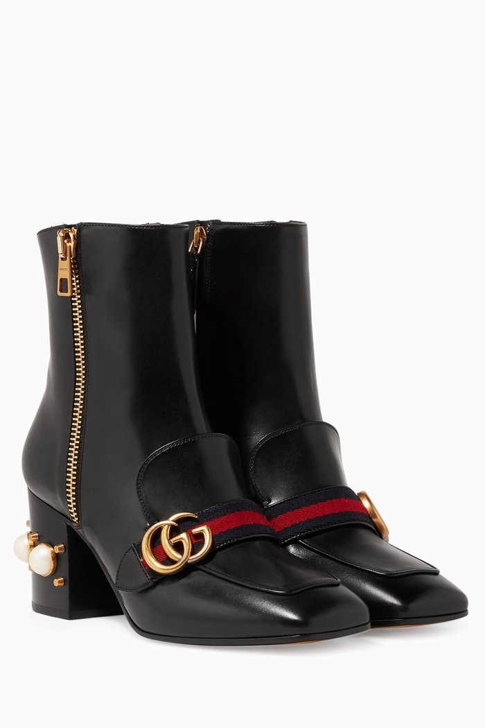 

Black Leather Pearl-Embellished Ankle Boots