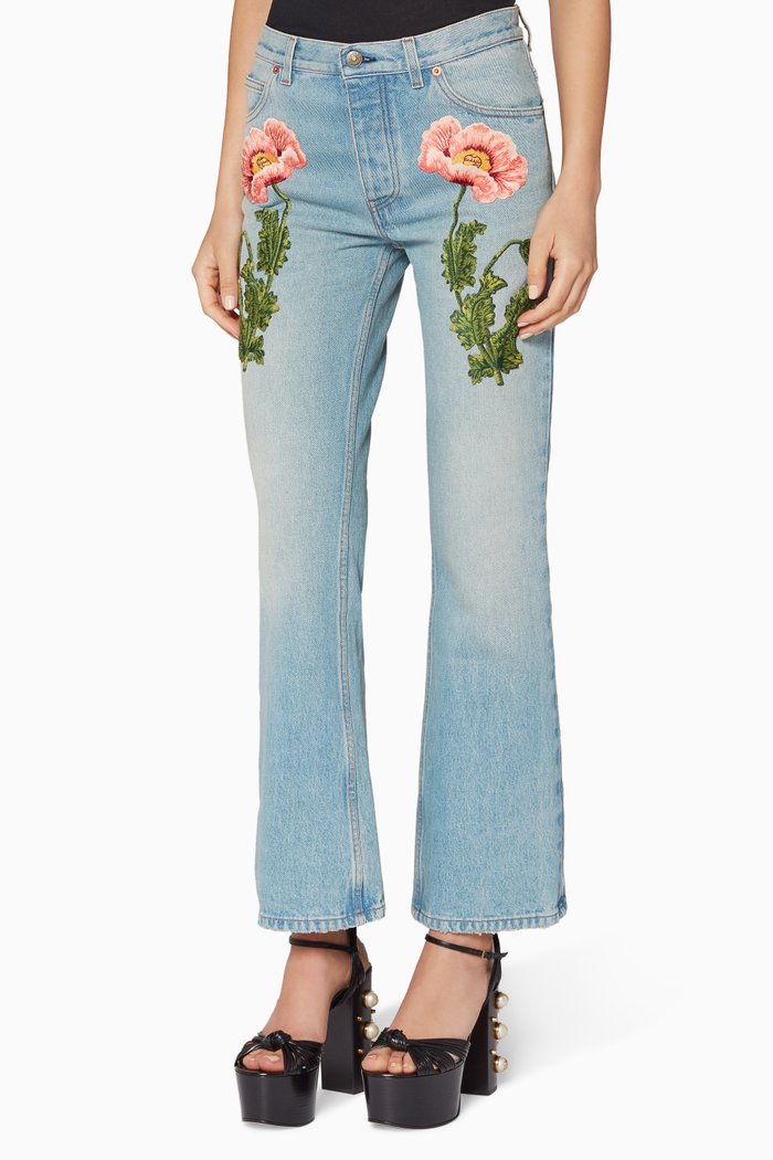 

Washed Denim Floral Embroidered Flared Jeans, Blue