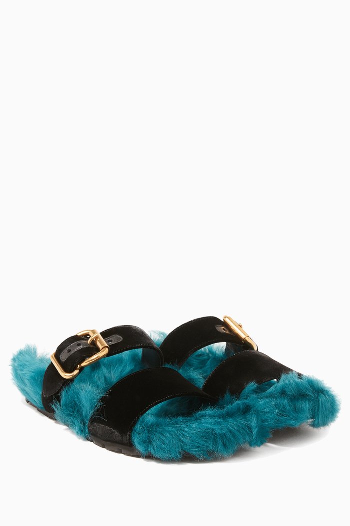 

Blue Shearling-Lined Velvet Slides