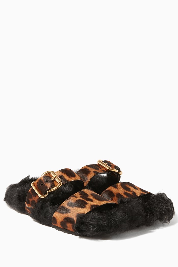 

Black Shearling-Lined Leopard Print Slides