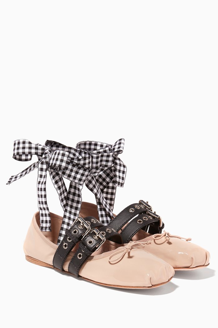 

Nude Lace-up Leather Ballerina Flats, Black