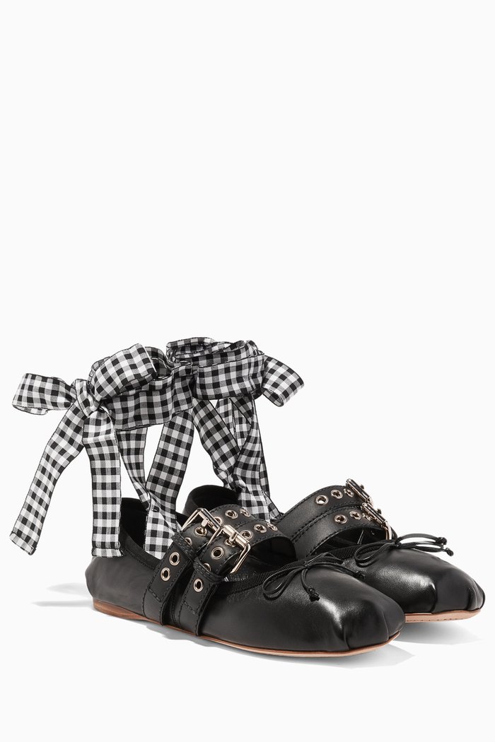 Black Lace-up Leather Ballerina Flats