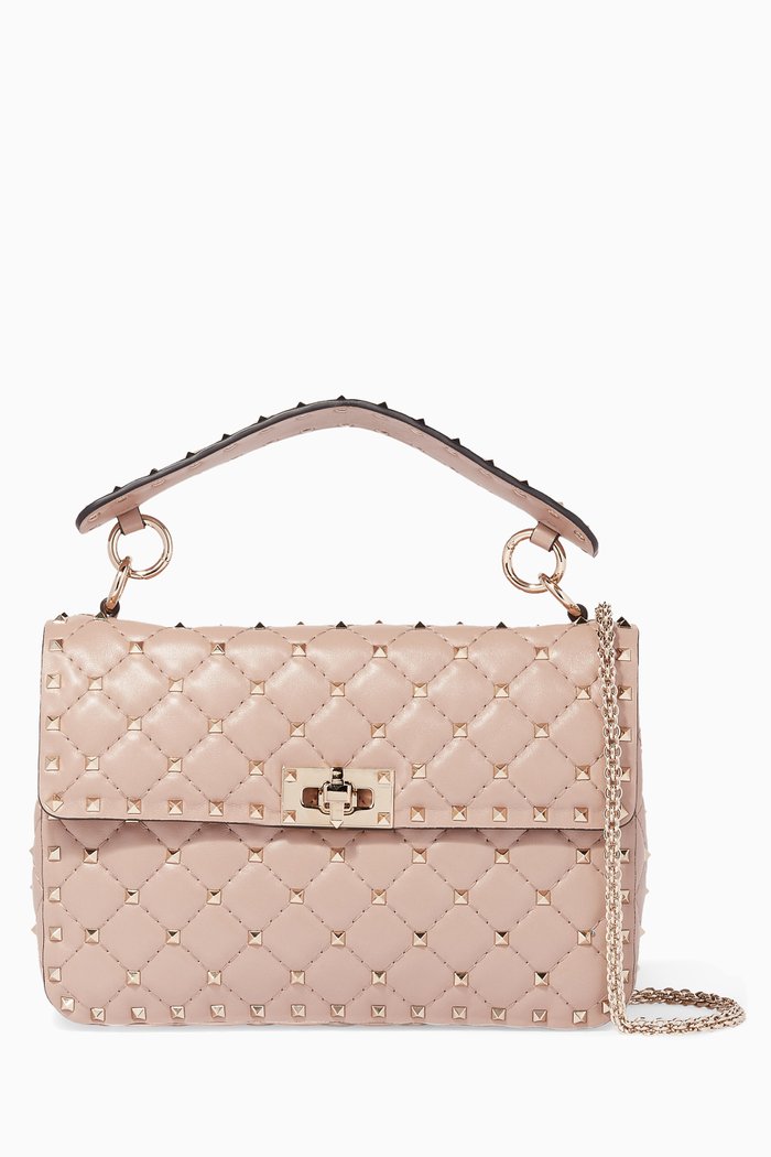 Beige Medium Rockstud Spike Leather Shoulder Bag, Neutral