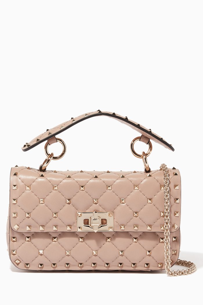 

Beige Small Rockstud Spike Matelasse Shoulder Bag, Neutral