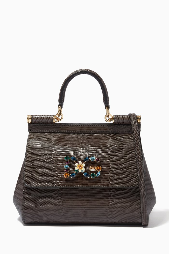 

Small Sicily Bag with Crystal DG Logo in Iguana Printed Leather, Brown