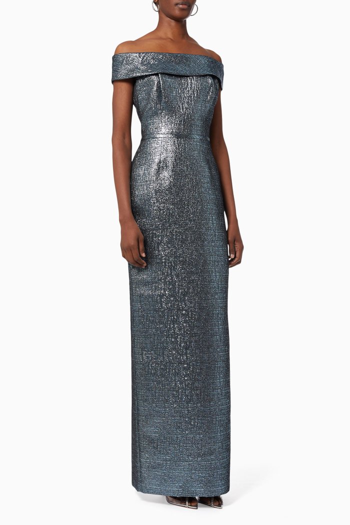 

Off Shoulder Gown in Metallic Jacquard, Blue