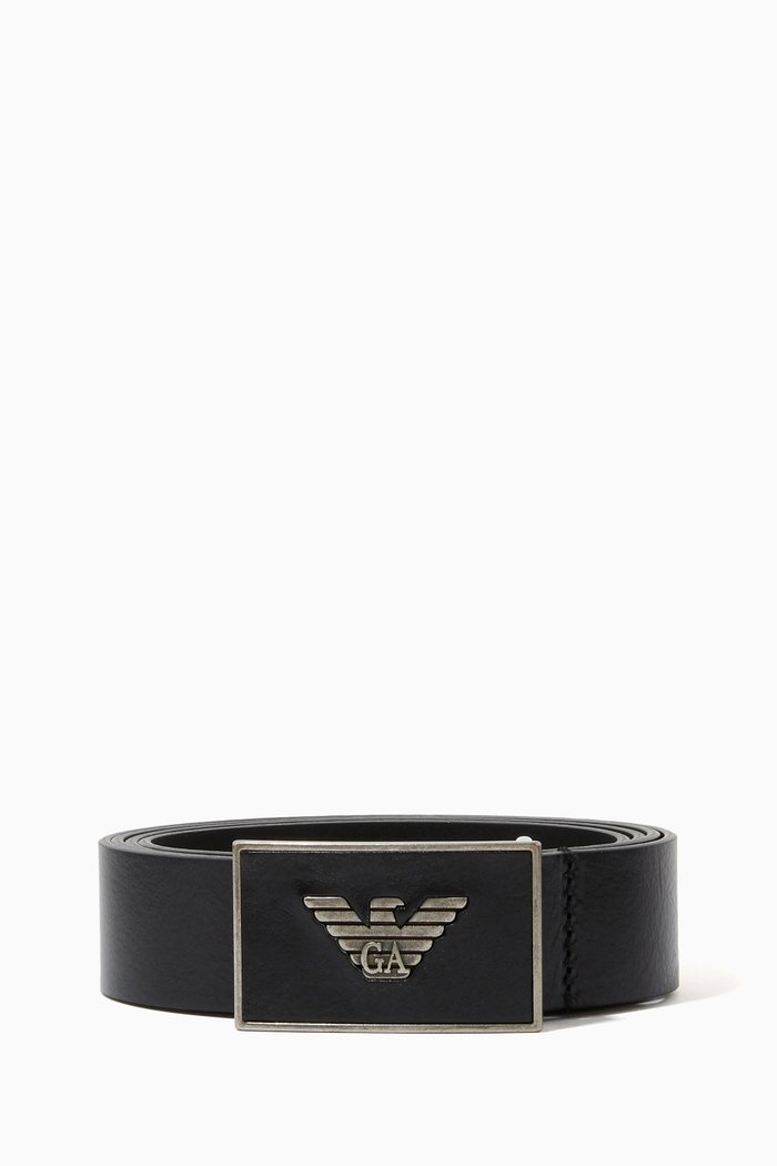 

Eagle Plaque Leather Reversible Belt, Black