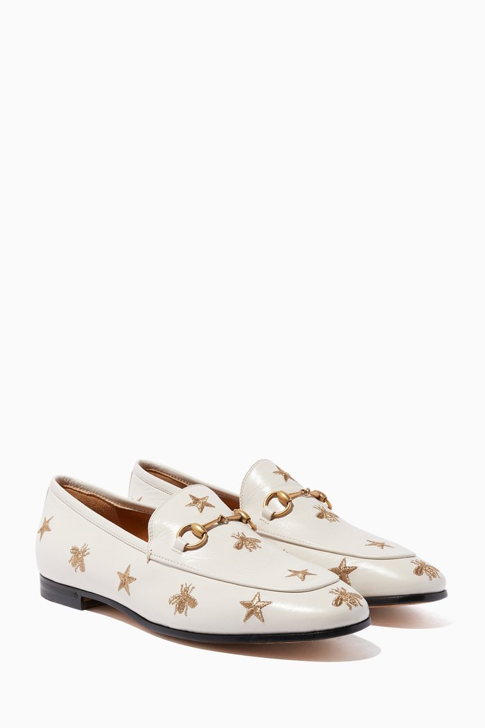 

Gucci Jordaan Embroidered Leather Loafers, Neutral