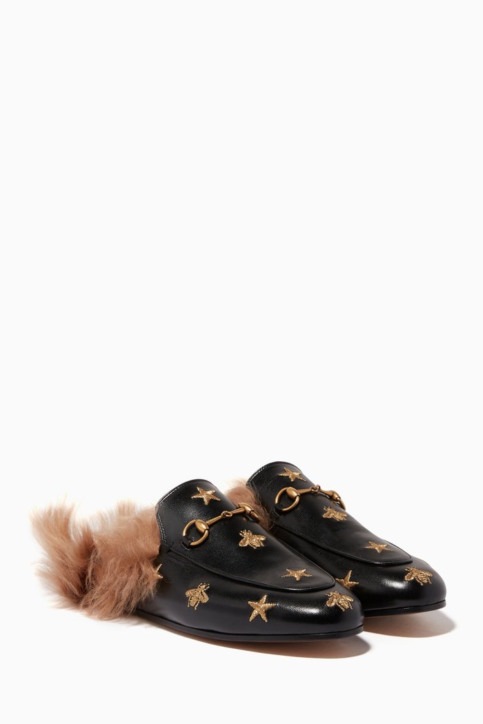 

Black Embroidered Lamb-Lined Princetown Loafers