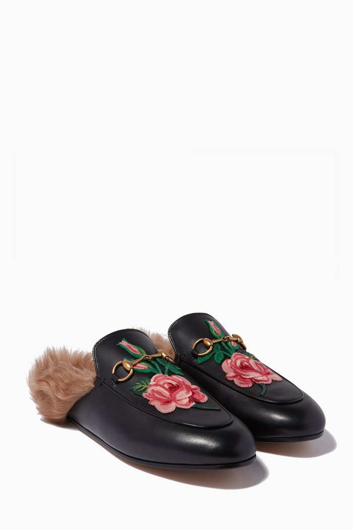 

Black Rose-Appliquéd Leather Princetown Loafers