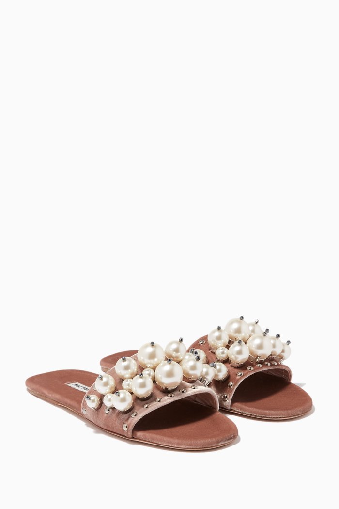 

Light-Beige Velvet Pearl Embellished Slides, Neutral