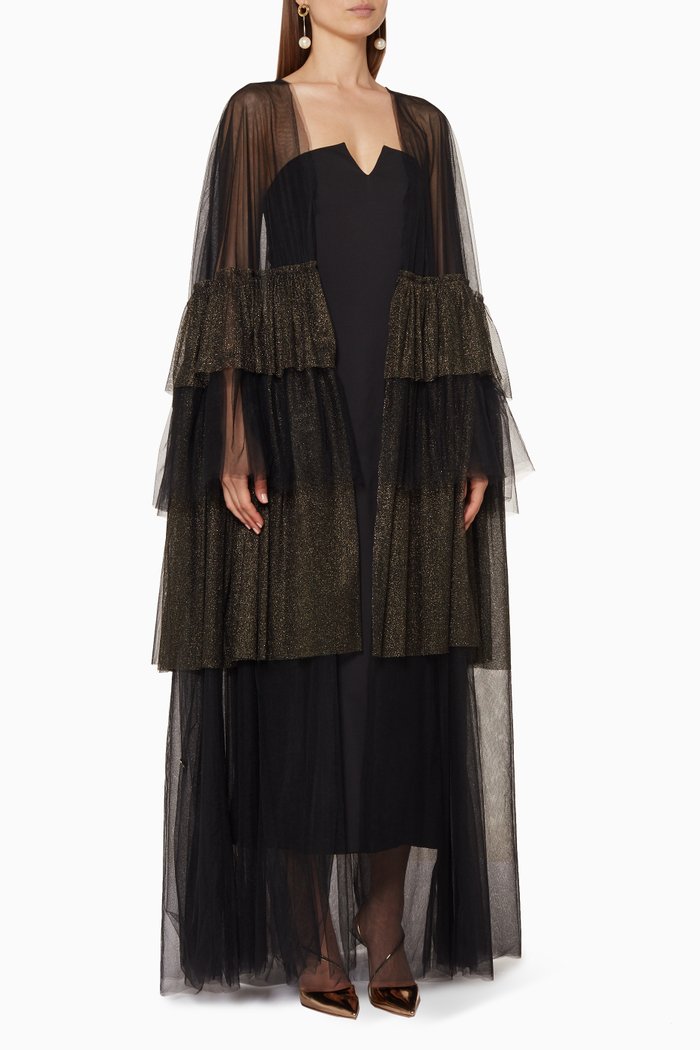 

Metallic Black Tulle Layered Abaya