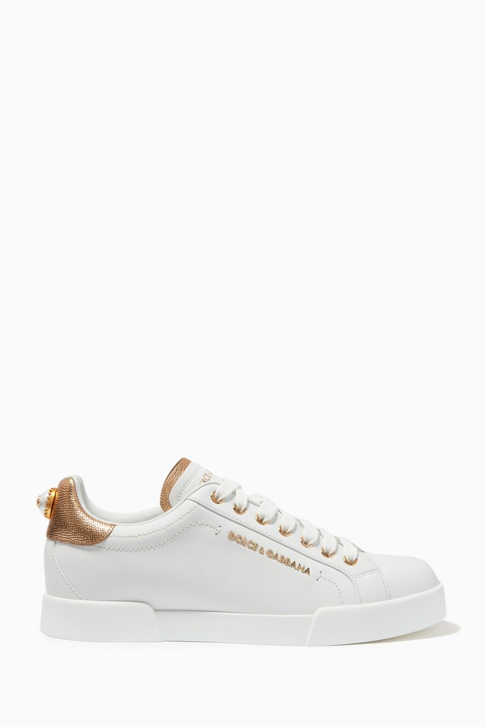 

Pearl-Detail Portofino Sneakers in Calf Leather, Gold