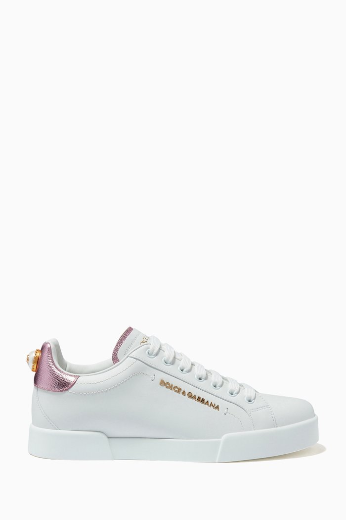 

Pearl-Detail Portofino Sneakers in Calf Leather, Pink