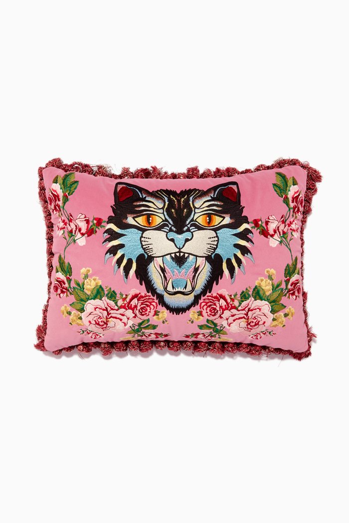 Pink Velvet Angry Cat Cushion, Multicolour