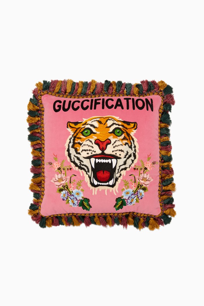 

Pink Velvet Tiger Guccification Cushion, Multicolour