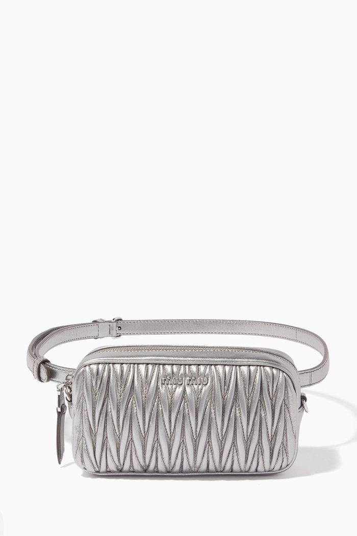 

Chrome Matelassé-Leather Belt Bag, Silver