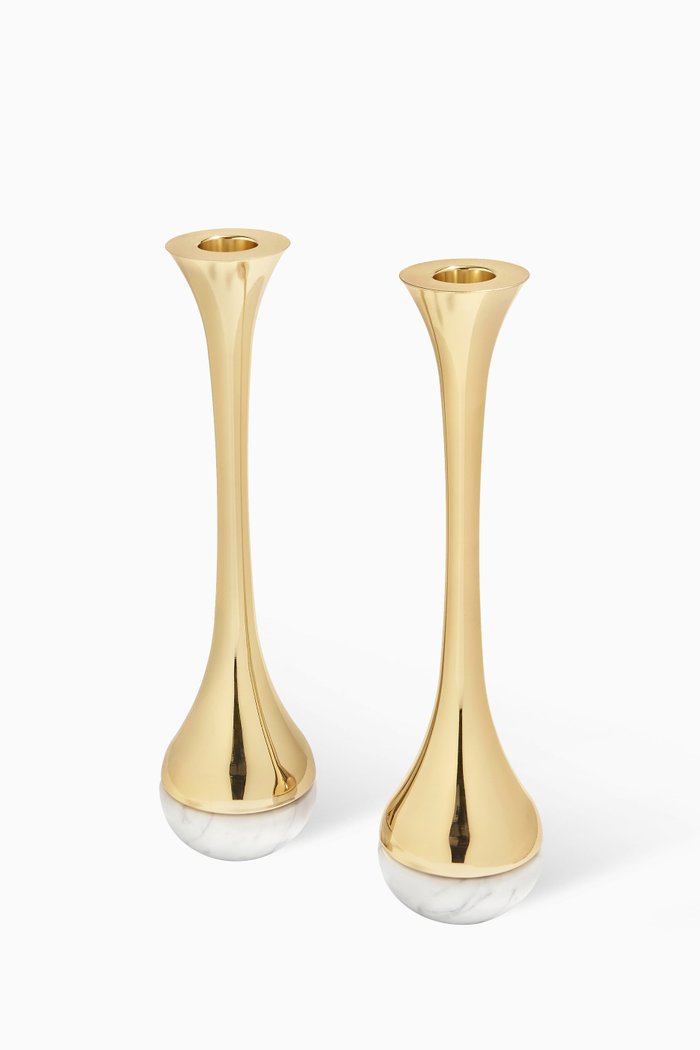Dual Carrara Marble Candle Holders, Set of 2, Multicolour