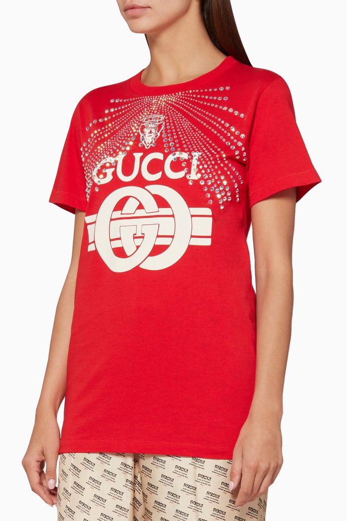 

Red Crystal-Embellished Printed T-Shirt