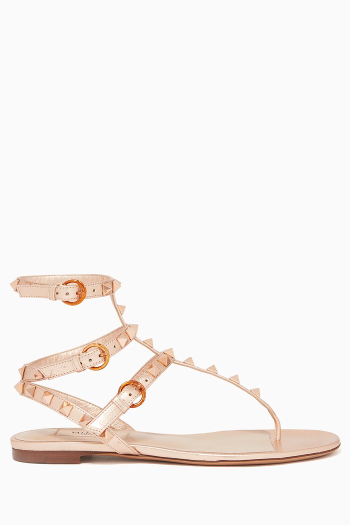 

Rockstud Metallic Leather Sandals, Gold