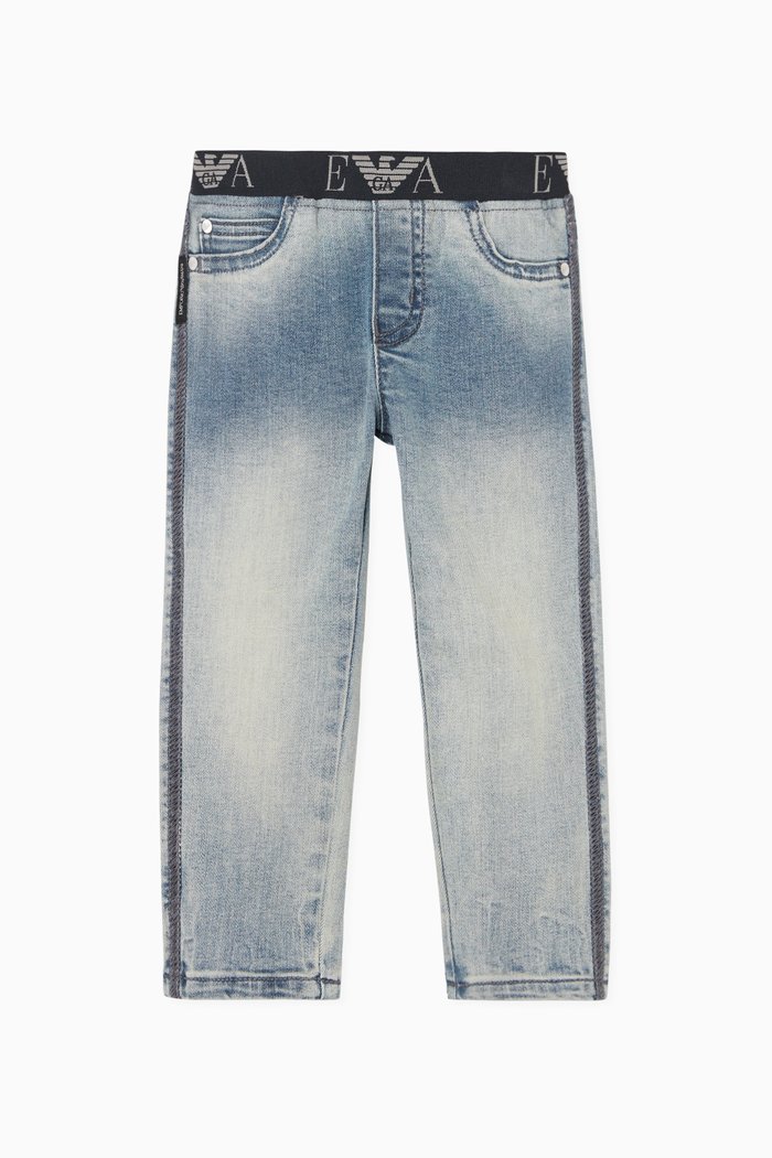 

Logo Waistband Stonewashed Jeans, Blue
