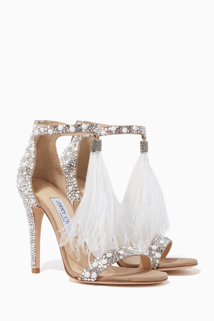 

Viola 110 Feather Tassel Suede & Crystal Sandals, White