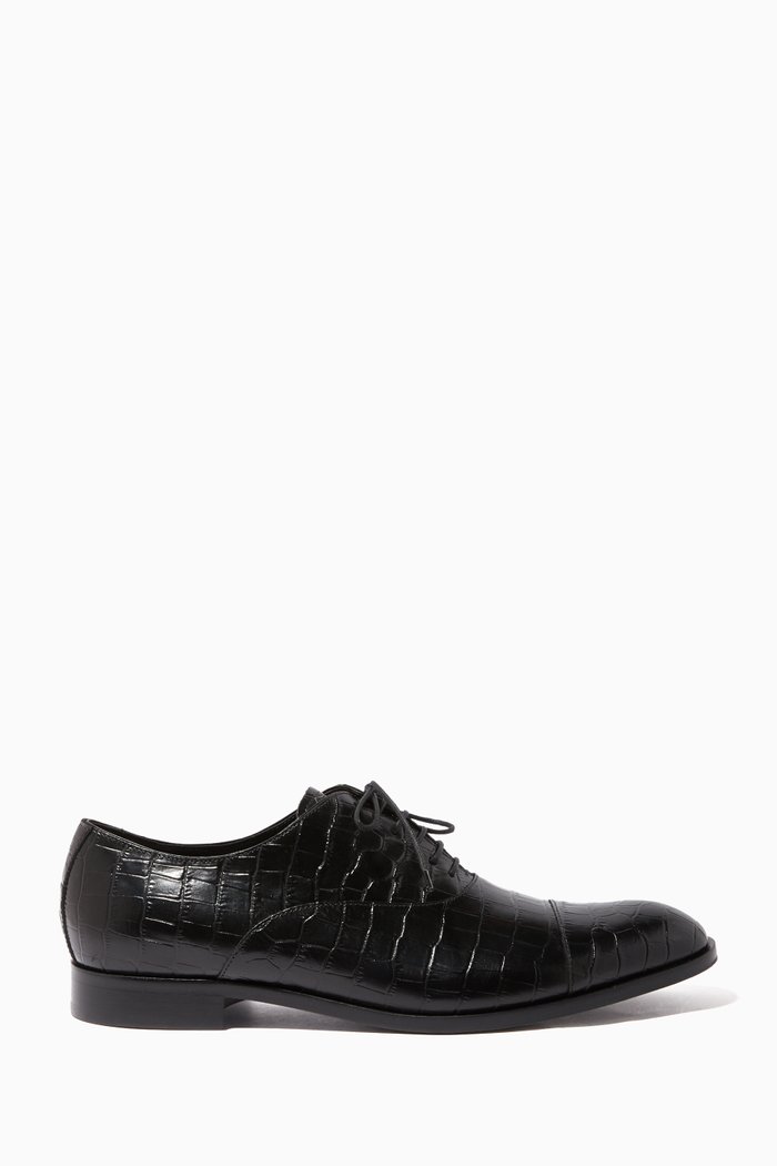 

Crocodile-Embossed Leather Oxford Shoes, Black