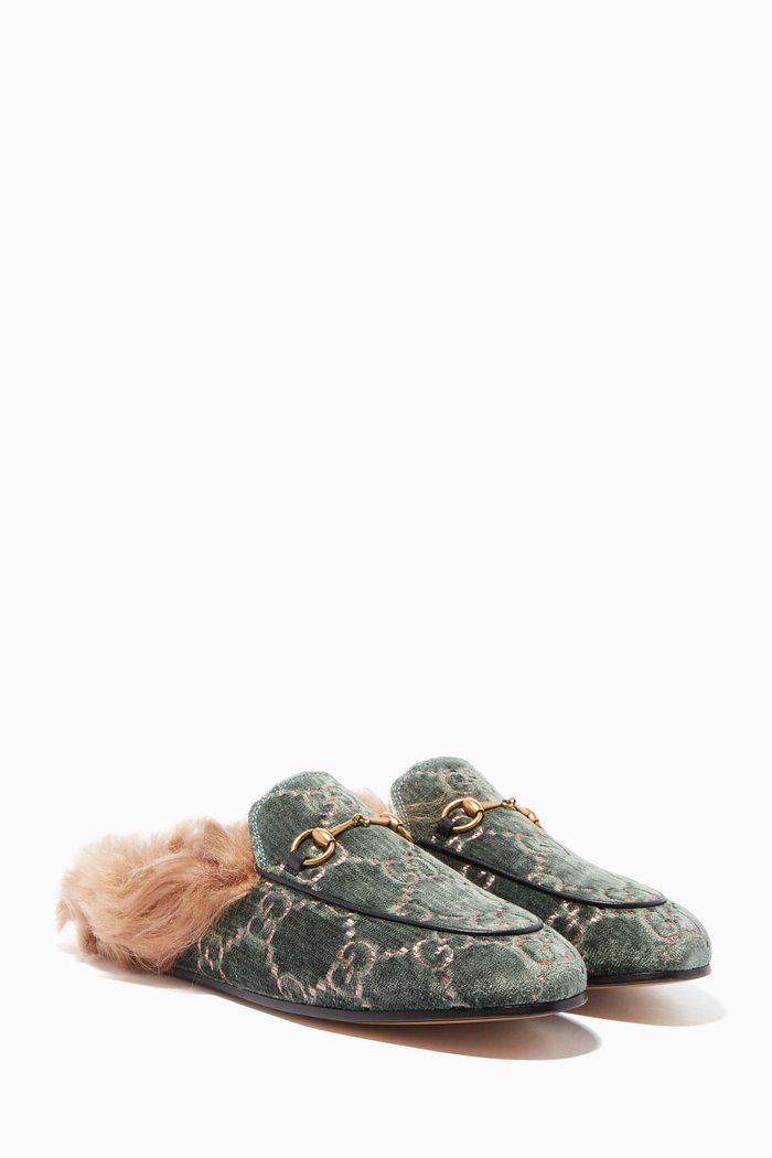 

Pistachio Velvet & Lamb-Lined Princetown Loafers, Blue