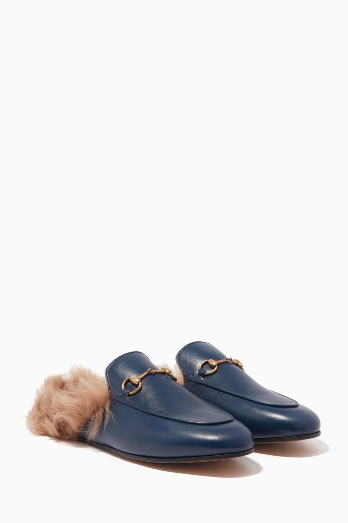 

Dark-Blue Leather & Lamb-Lined Princetown Loafers