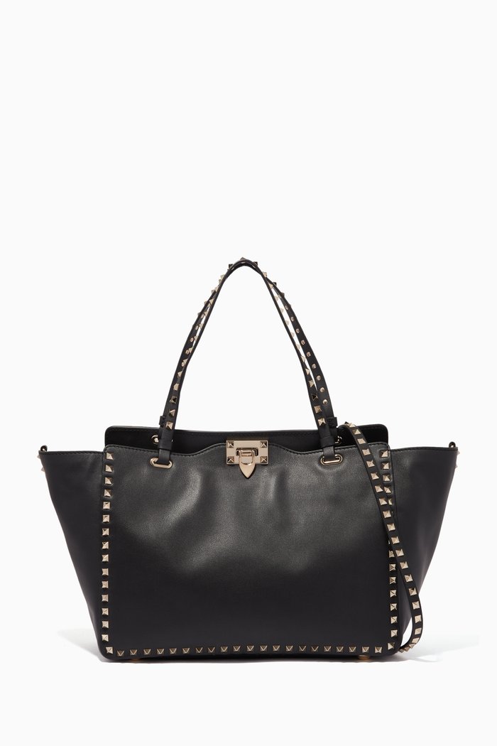 

Valentino Garavani Medium Rockstud Trapeze Tote in Caflskin, Black